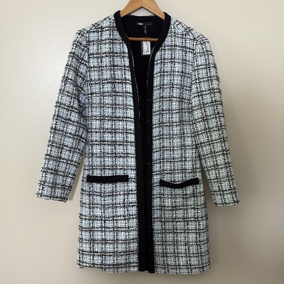 New Maje Tweed Effect Dress Blue Black Plaid Button Front Mini Size 40/L - Picture 6 of 16
